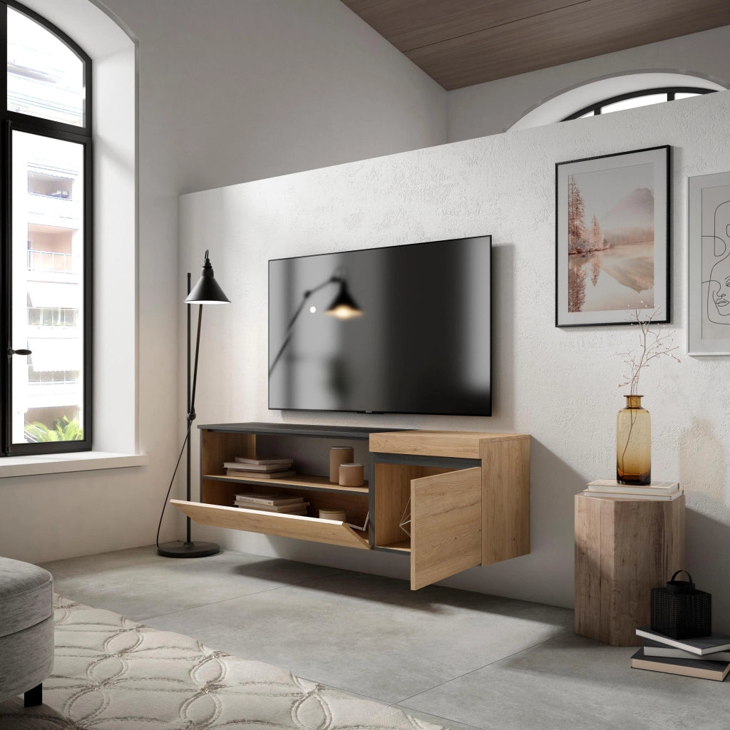 Mobile TV Soggiorno, 150x35x45cm, Per TV fino a 65", da appendere, colore Rovere e nero RF2429
