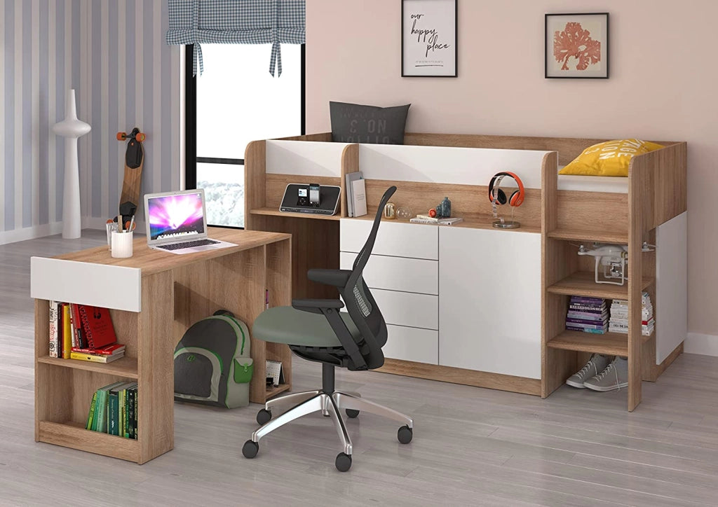 LETTO MOBILE CASSETTIERA CON SCRITTOIO SMILE P 204x 112x112cm LATO DESTRO ROVERE BIANCO