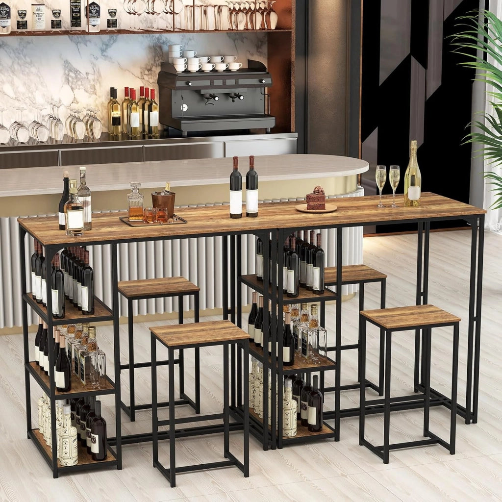 Set 3 Pezzi Tavoli da Bar per 2 Persone, Tavolo da Pranzo con 2 Sgabelli, 3 Ripiani Portaoggetti, Banco Pub e Sedie per Appartamento Piccolo, Cucina e Soggiorno,110 x 60 x 110 cm