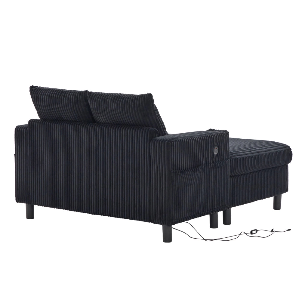 Chaise longue 142x128x85 cm in velluto a coste nero con USB， LED e portabicchiere
