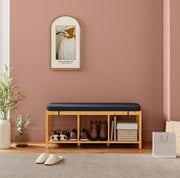 Panca portascarpe 102x33x45 cm in bambù naturale con cuscino imbottito e 3 vani,