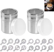 Strumento per cospargere cacao per cappuccino, cospettatore in acciaio inossidabile con coperchio, cospettatore a maglia fine per caffè, zucchero in polvere, cacao in polvere, cioccolato, sale, 2 pezzi, con calco di caffè, 16 pezzi