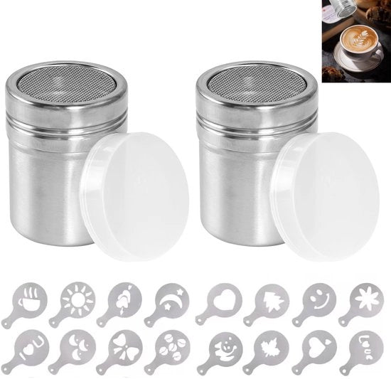 Strumento per cospargere cacao per cappuccino, cospettatore in acciaio inossidabile con coperchio, cospettatore a maglia fine per caffè, zucchero in polvere, cacao in polvere, cioccolato, sale, 2 pezzi, con calco di caffè, 16 pezzi