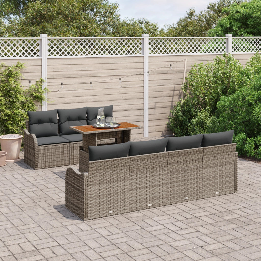 Set Divano da Giardino con 8 Pezzi e Cuscini Grigio Rattan Poliestere
