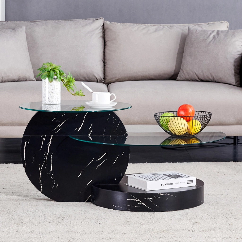 Tavolino basso fisso a più livelli in MDF e vetro temperato nero trasparente 78.5 × 78.5 × 24.5 cm