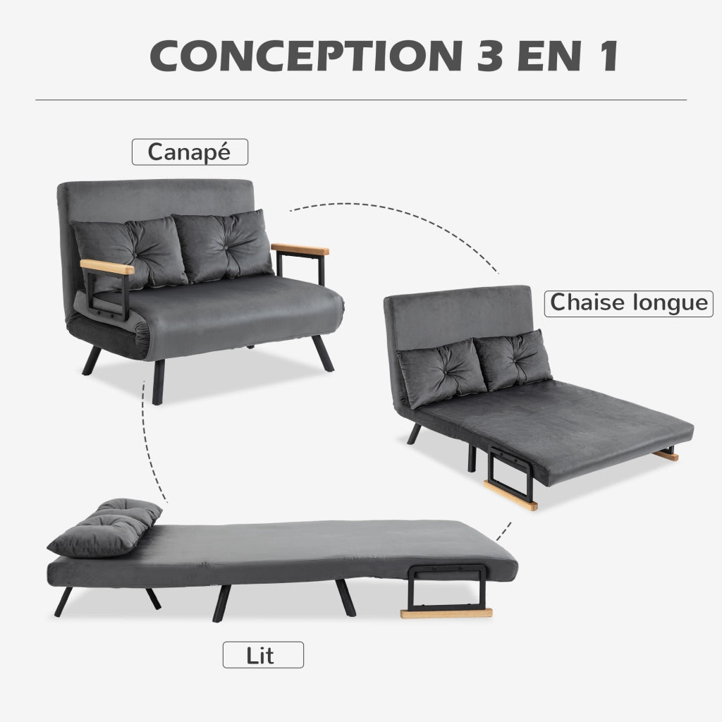 Divano letto 2 posti con schienale regolabile e 2 cuscini ¨C Zephmum ¨C Grigio