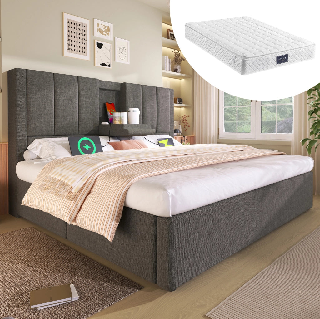 Letto matrimoniale imbottito 160x200 cm in lino grigio con materasso; contenitore e prese USB