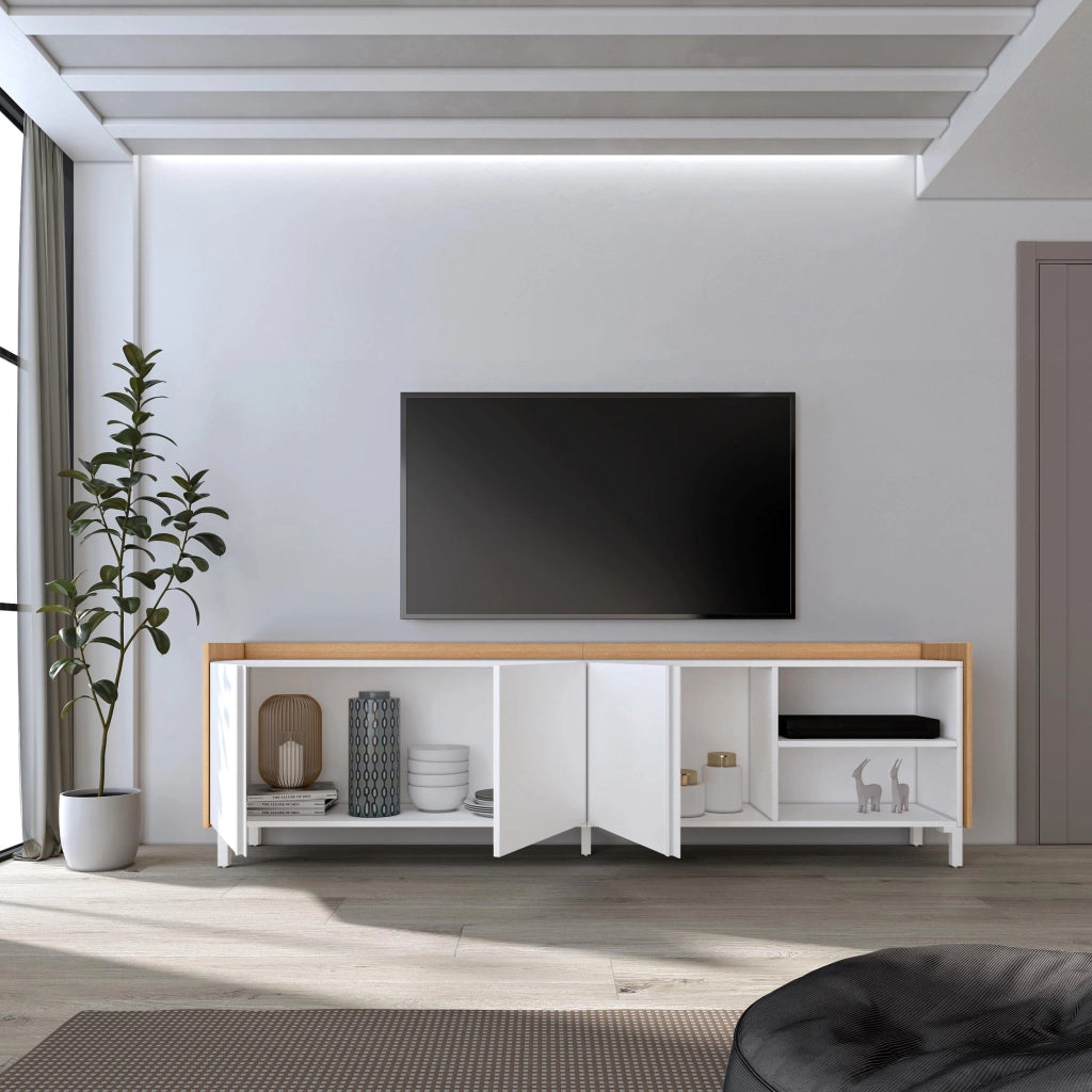 Mobile TV Soggiorno, 207x61x35 cm, Per TV fino a 80", Design industriale, Bianco e Rovere soft