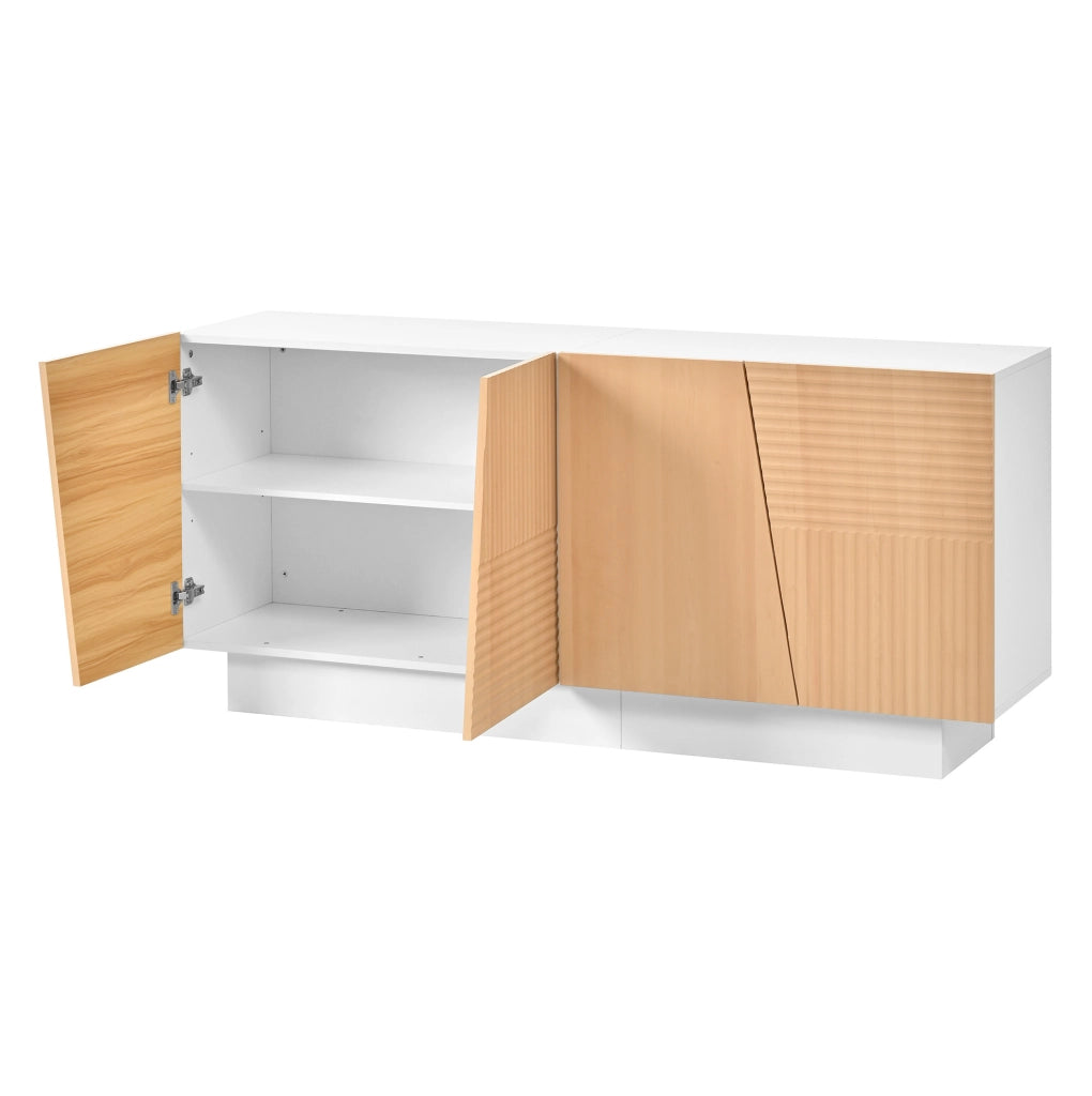 Sideboard bianco e naturale in PB e MDF con 4 ante e ripiani regolabili, 160x40,5x72 cm