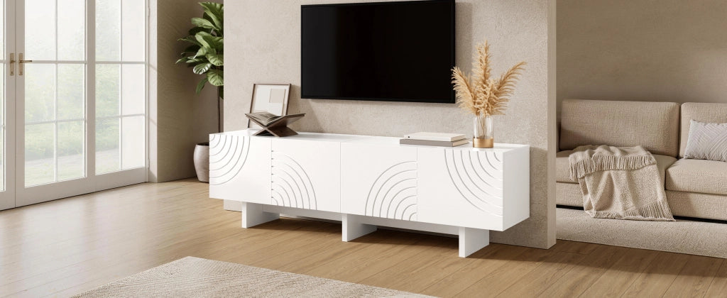 Mobile porta TV con 4 ante e motivi ad arco, vani contenitore, in MDF e truciolare, bianco, 170 × 35 × 50 cm