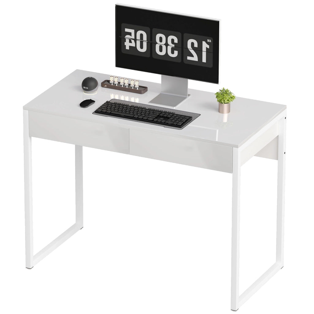 Scrivania con 2 Cassetti e Gambe in Acciaio ¨C zephmum ¨C Bianco Lucido 100x50x75 cm