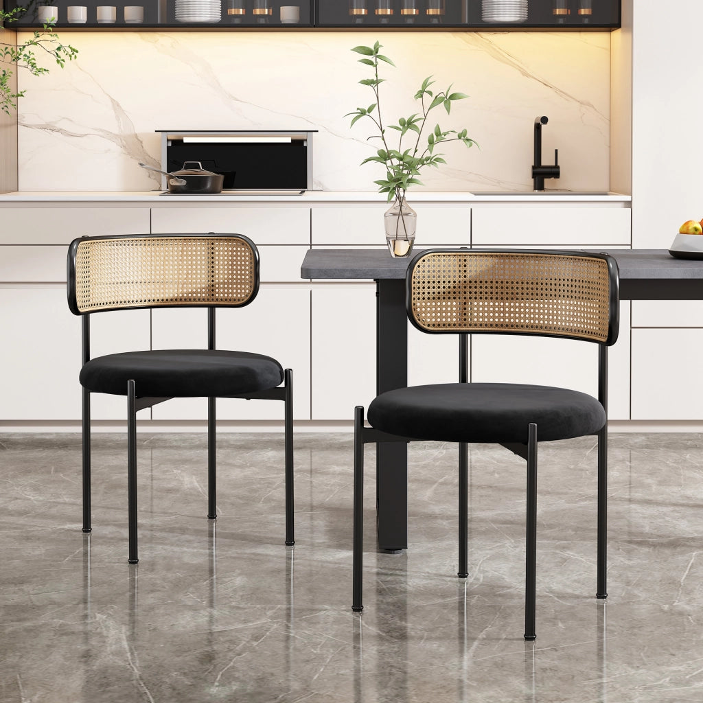 Sedia da pranzo in velluto set da 2 con schienale in rattan curvo e seduta rotonda ergonomica gambe in metallo nero
