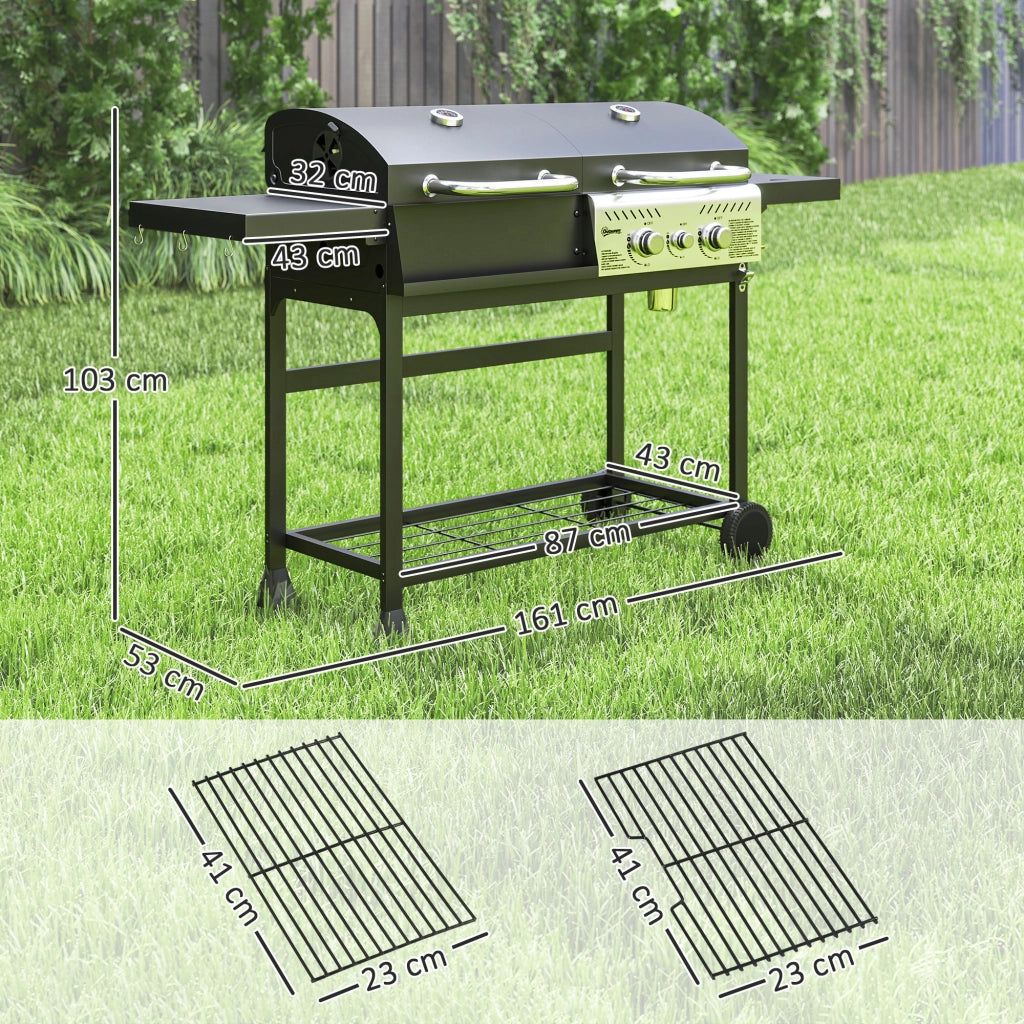 Barbecue a Carbone e Gas con 3 Bruciatori e Coperchio Termometro e Ruote Nero