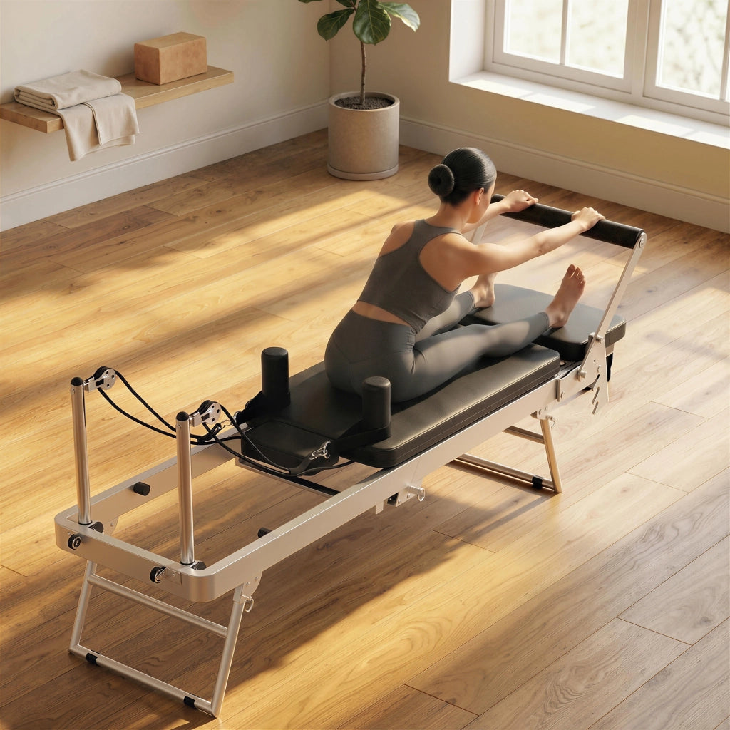 Reformer Pilates ¨C zephmum ¨C Sistema ibrido 4 molle 5 corde silenzioso 195x56x88 cm bianco