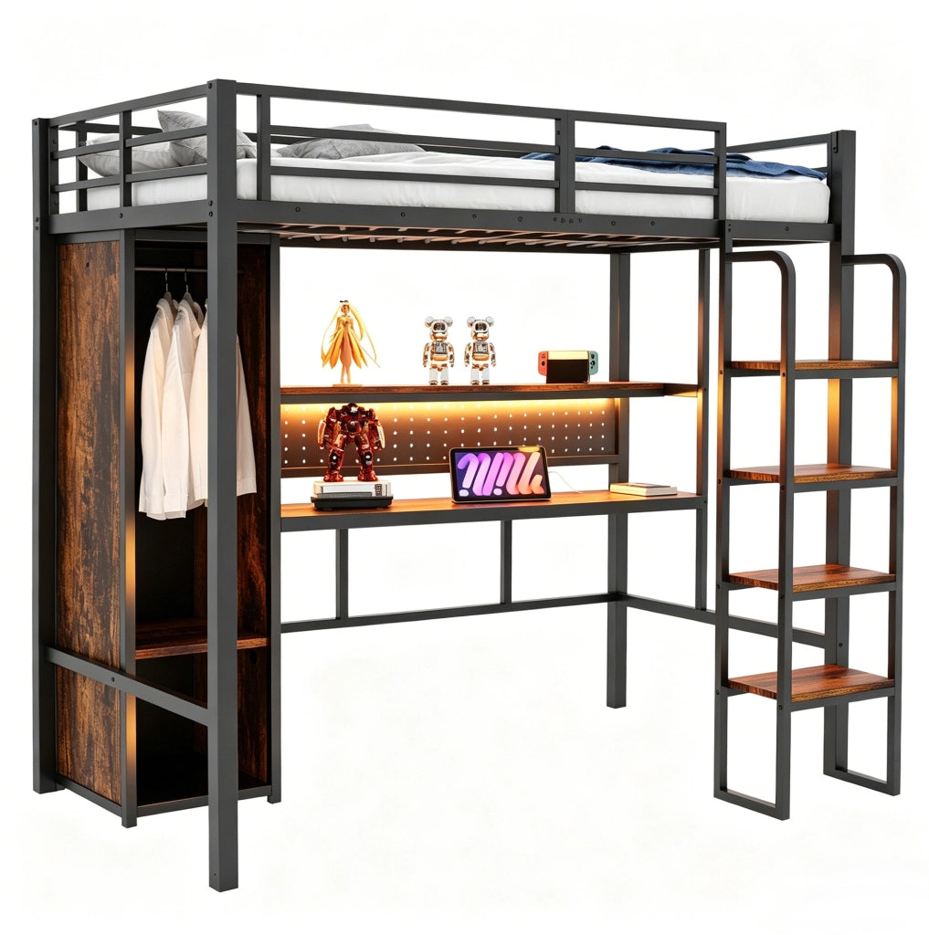 Letto a soppalco multifunzione 90x200 cm in metallo e MDF; nero; con scrivania; armadio e LED