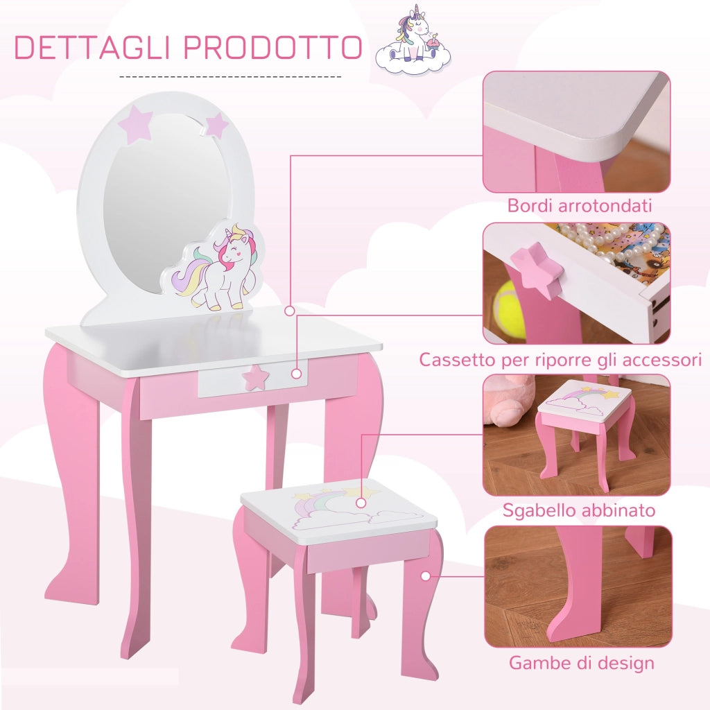 EasyComfort Specchiera Giocattolo con Cassetto e Sgabello Gioco Bambine 3-6 Anni