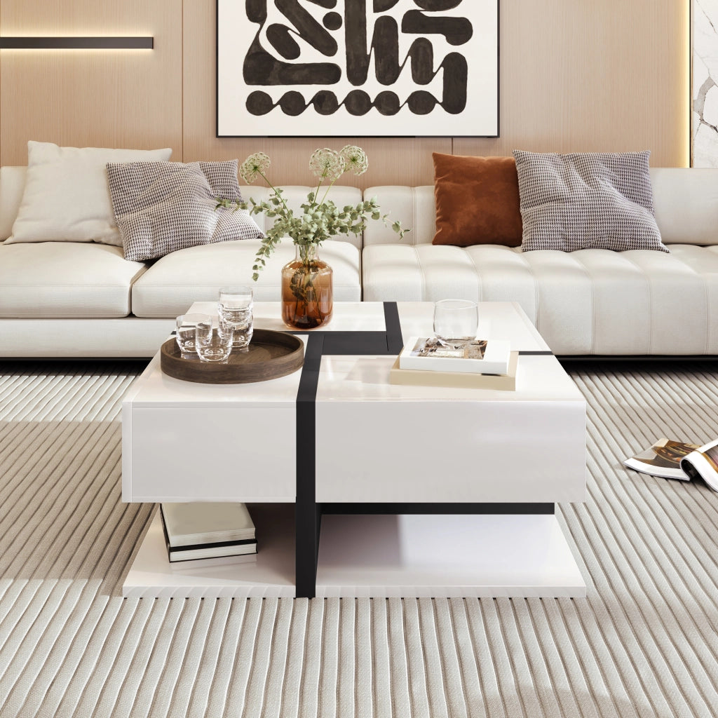 TAVOLINO Quadrato 78x78x36 cm Bianco lucido con 4 cassetti