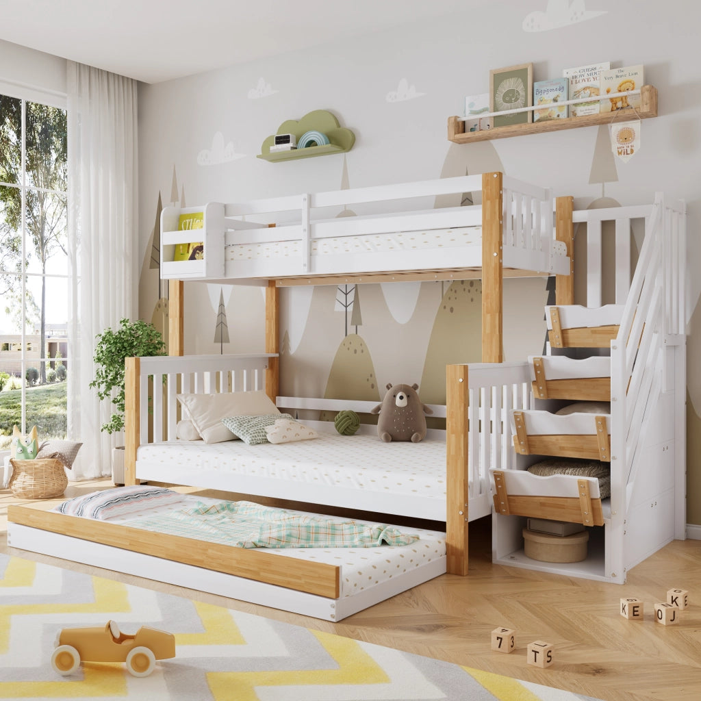 DESMIU Lit a castello 90 × 200 cm e 120 × 200 cm 3 posti con letto estraibile, scala e ripiano, senza materasso