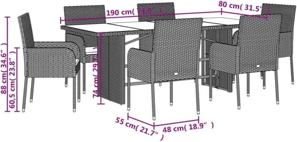 Set da pranzo giardino 7 pezzi e cuscini in rattan sintetico grigio, set tavolo e sedie da giardino, tavolo da terrazza all'aperto e sedie, set terrazza, mobili da giardino esterno - 3213512