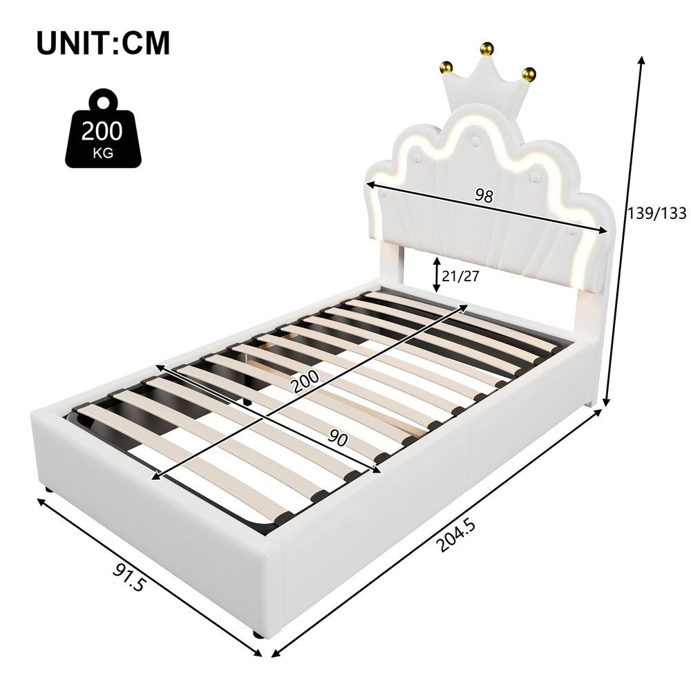 Letto Imbottito a Baldacchino con LED e Meccanismo Idraulico ¨C MINIMAL ¨C PU Bianco 90x200