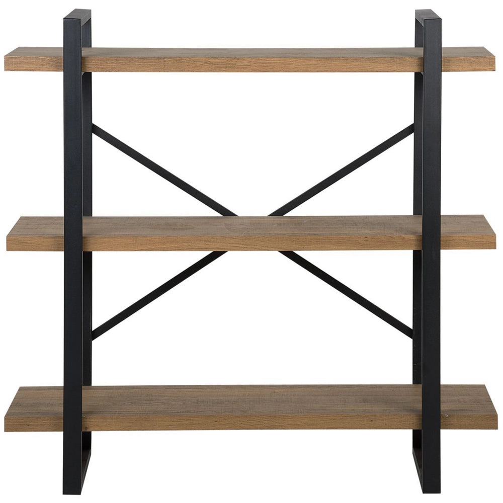 Libreria a 3 livelli in legno scuro con struttura in metallo Nero Ripiani aperti contenitore Minimalista unità autoportante