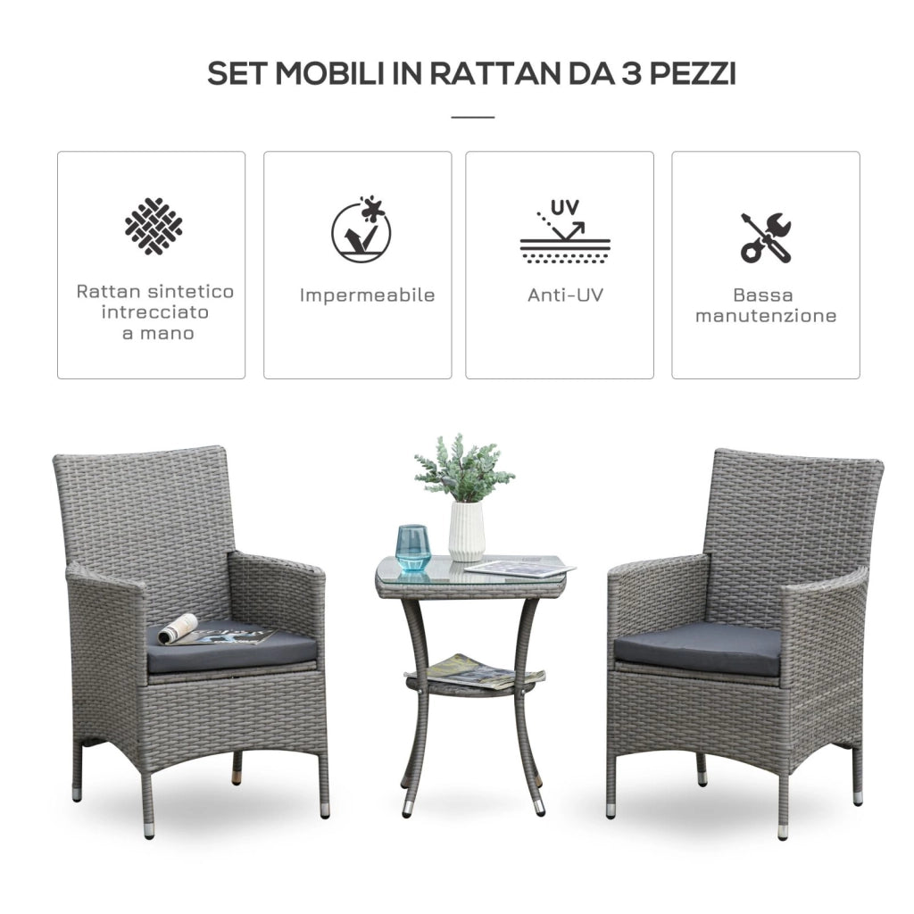 EasyComfort Set Giardino Esterno 3 Pezzi in Rattan PE e Acciaio, Set 2 Sedie con Cuscini Lavabili, Braccioli, Tavolino da Caffè con Piano in Vetro, Salotto da Giardino Balcone Patio Cortile, Grigio