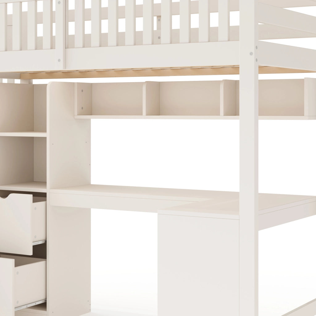 Letto a soppalco 90x200 cm bianco in legno con scrivania ad angolo e scala contenitore