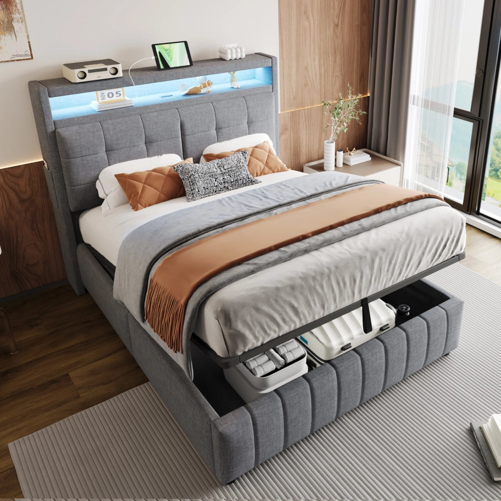 OKWISH Letto Contenitore 140×200 cm, Letto Matrimoniale con LED Regolabile, USB, Mensole e Contenitore Idraulico, senza Materasso, in Tessuto Grigio