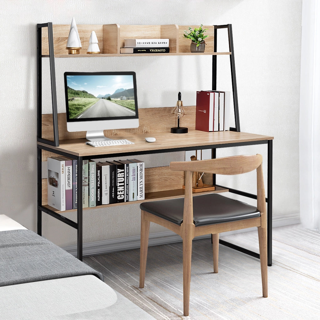 Scrivania per computer con 3 scomparti libreria e ripiano, Scrivania da 120cm salvaspazio per ufficio Naturale-Scrivanie