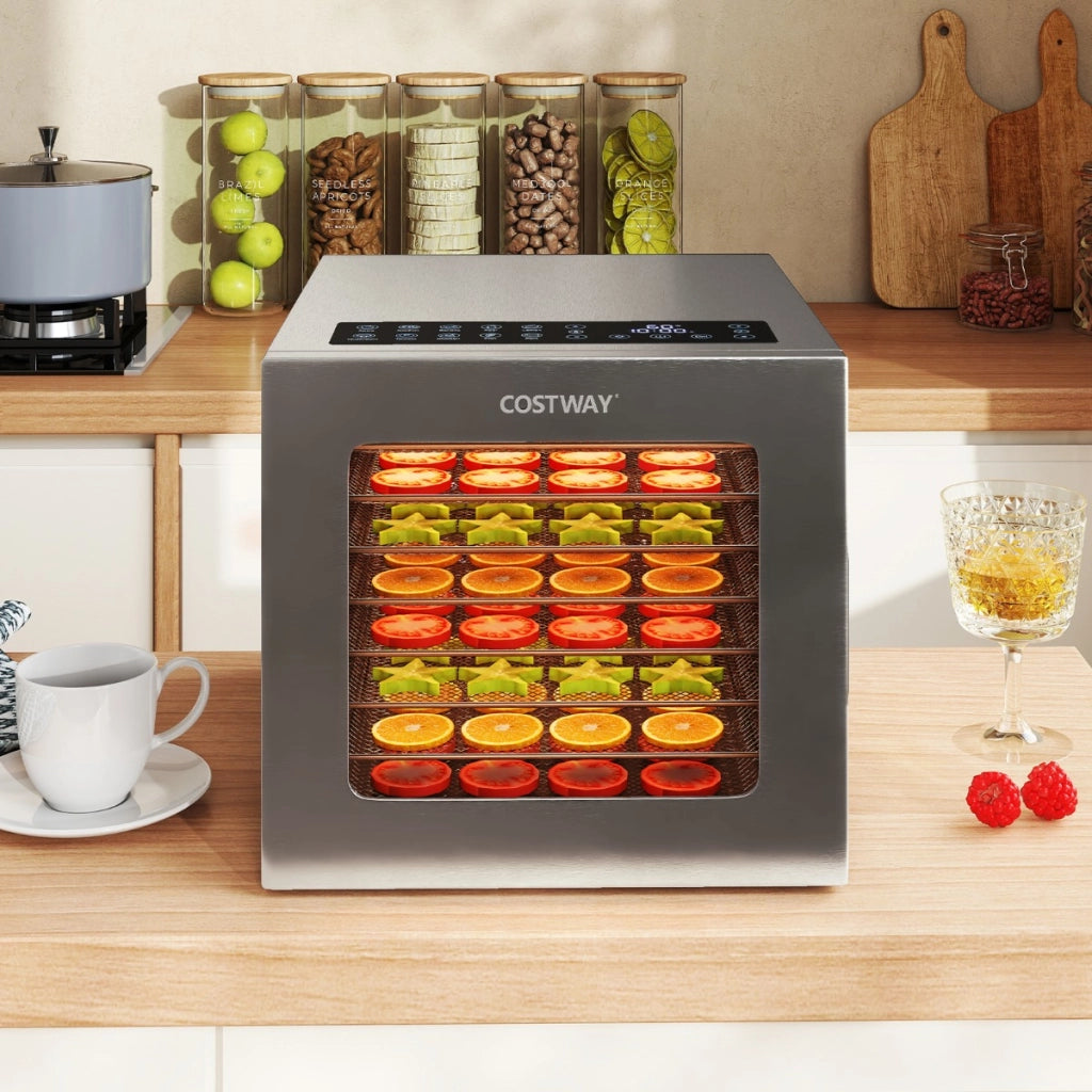 Essiccatore per frutta da 850W con timer 48 ore, Controllo temperatura 35¡æ-75¡æ per carne Argento