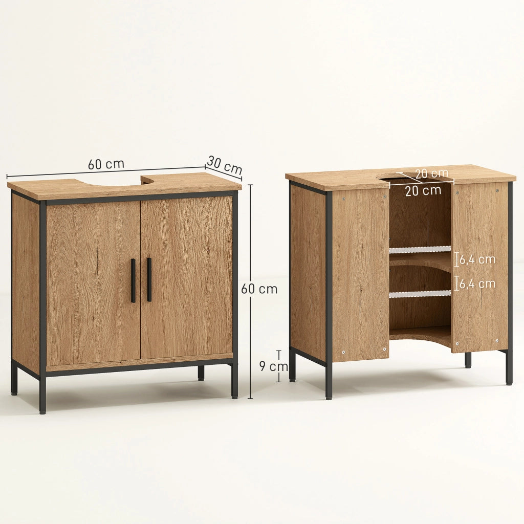 Mobile Sottolavabo Bagno con 2 Ante e Ripiano Regolabile ¨C zephmum ¨C Rovere 60x30x60 cm
