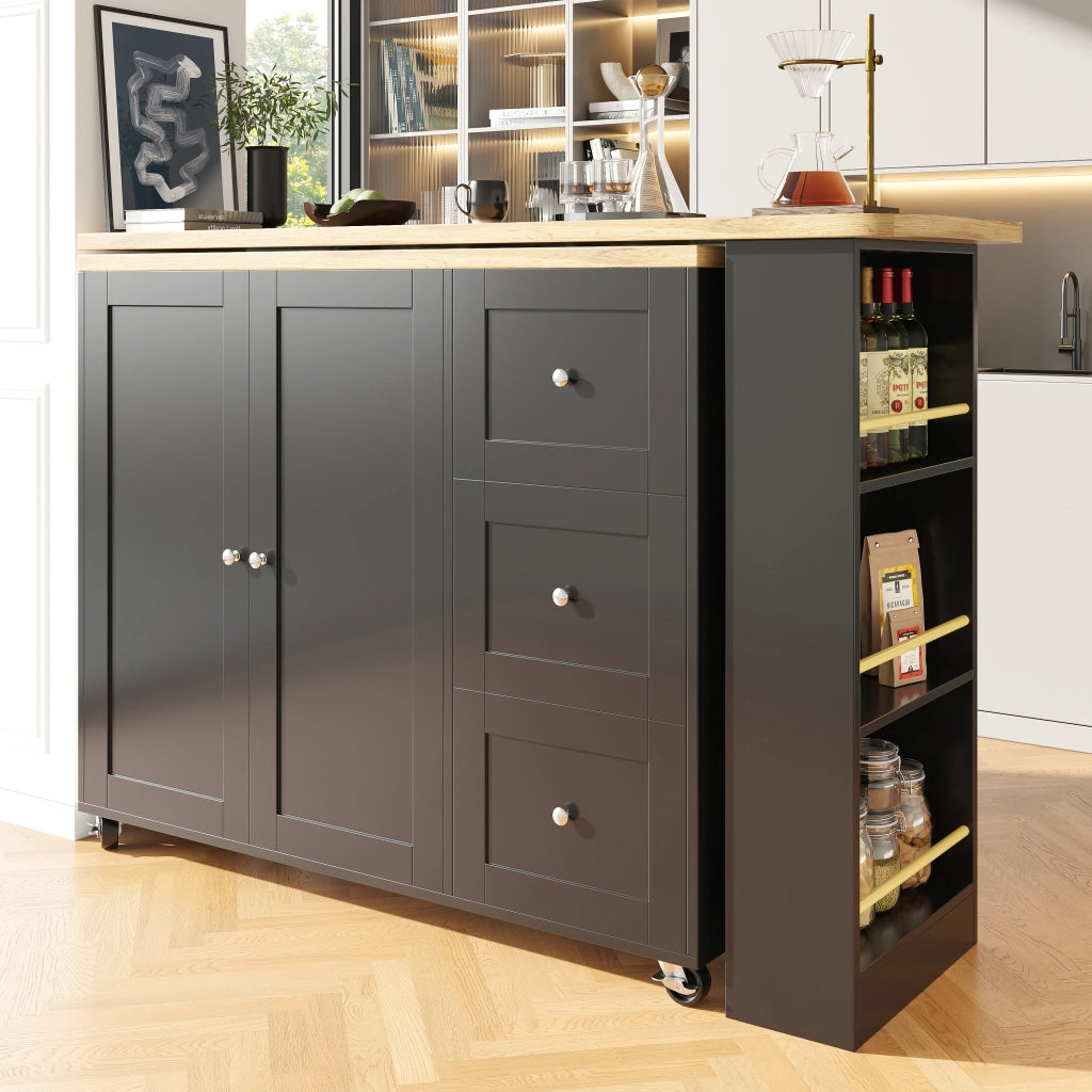 Mobile Bar con 3 Cassetti; 2 Ante; 3 Ripiani e Porta Snack Girevole a 360° con Ruote per Cucina; Nero