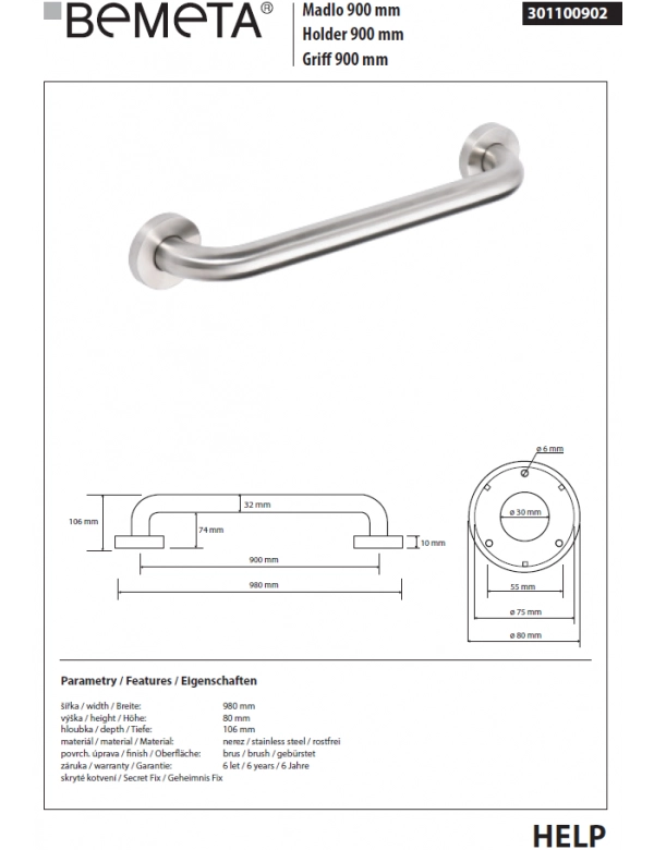 Maniglione doccia HELP 900 in acciaio satinato 98x8x10,6cm