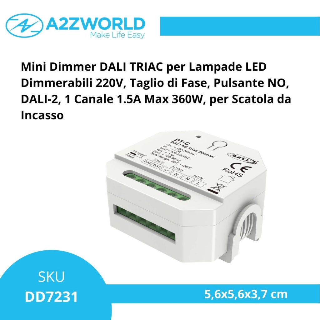 Mini Dimmer DALI TRIAC per Lampade LED Dimmerabili 220V, Taglio di Fase, Pulsante NO, DALI-2, 1 Canale 1,5A Max 360W, 56X56X37mm Per Scatola Incasso