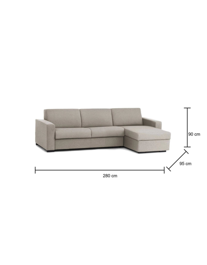 Divano Letto Aika, Divano ad angolo, Made in Italy, SofÒ  con apertura girevole, con Penisola contenitore reversibile, con Braccioli standard, cm 280x95h90, Tortora