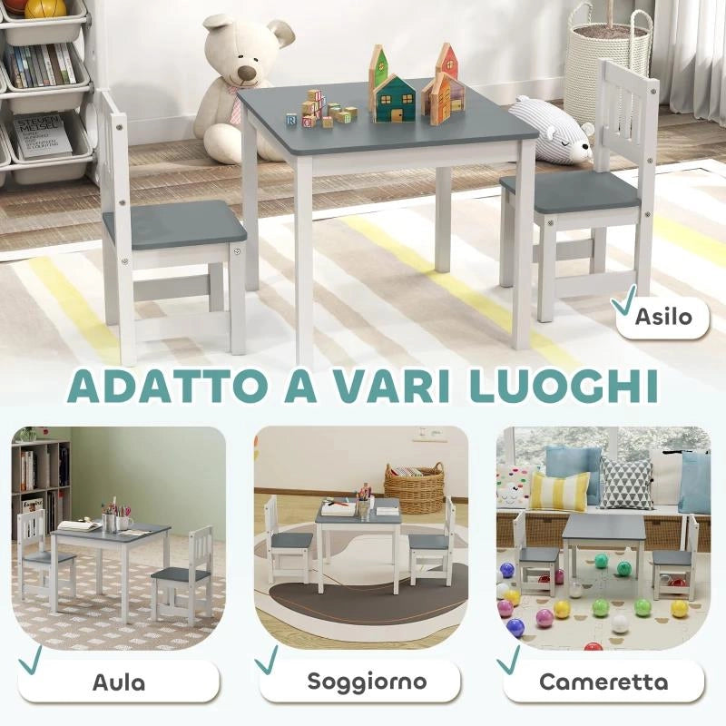 SET TAVOLO E SEDIE PER BAMBINI DA 3-8 ANNI 3 PZ IN LEGNO CON BORDI ARROTONDATI, GRIGIO E BIANCO
