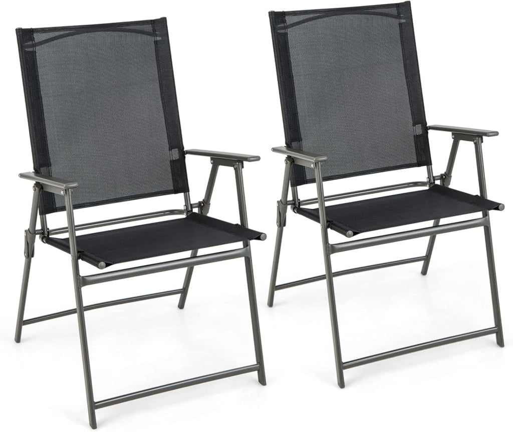 Set di 4 sedie da giardino pieghevoli, con schienale alto e bracciolo, in metallo e tessuto, portata fino a 150 kg (nero, 2)