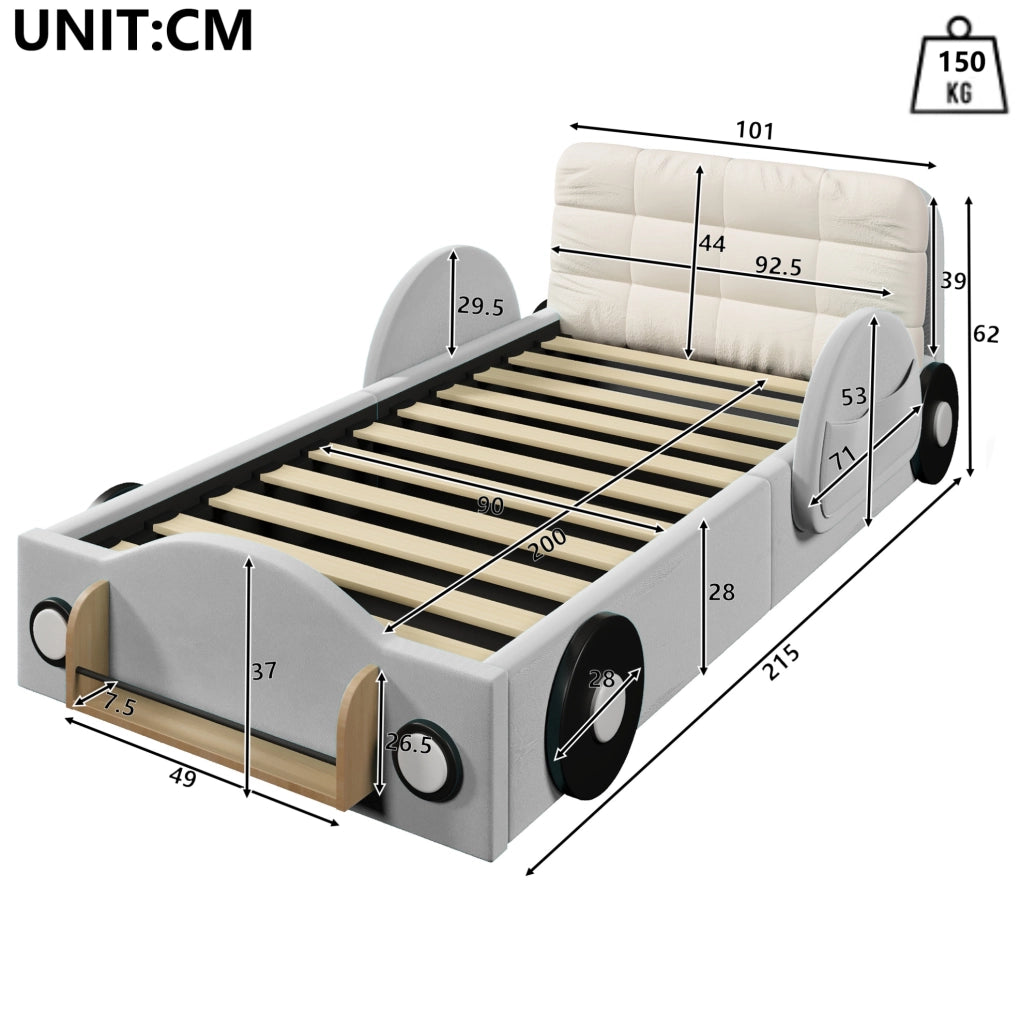 Letto imbottito 90x200 grigio con contenitore e tasche