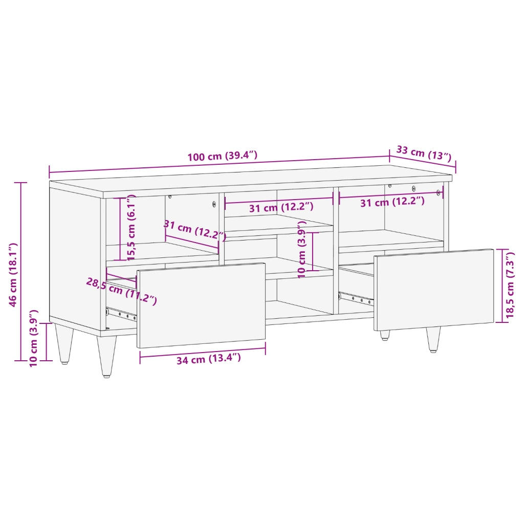Mobile TV 100x33x46 cm in Legno Massello di Mango