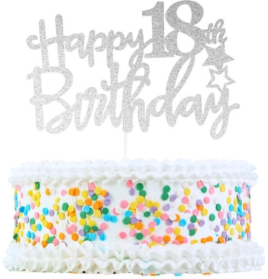 Decorazione per torta 18° compleanno - Sostenibile - Sicuro per l'alimentazione - Dimensioni 15 x 10,5 cm - Lunghezza del manico 13,7 cm - Accessorio per torta decorativa