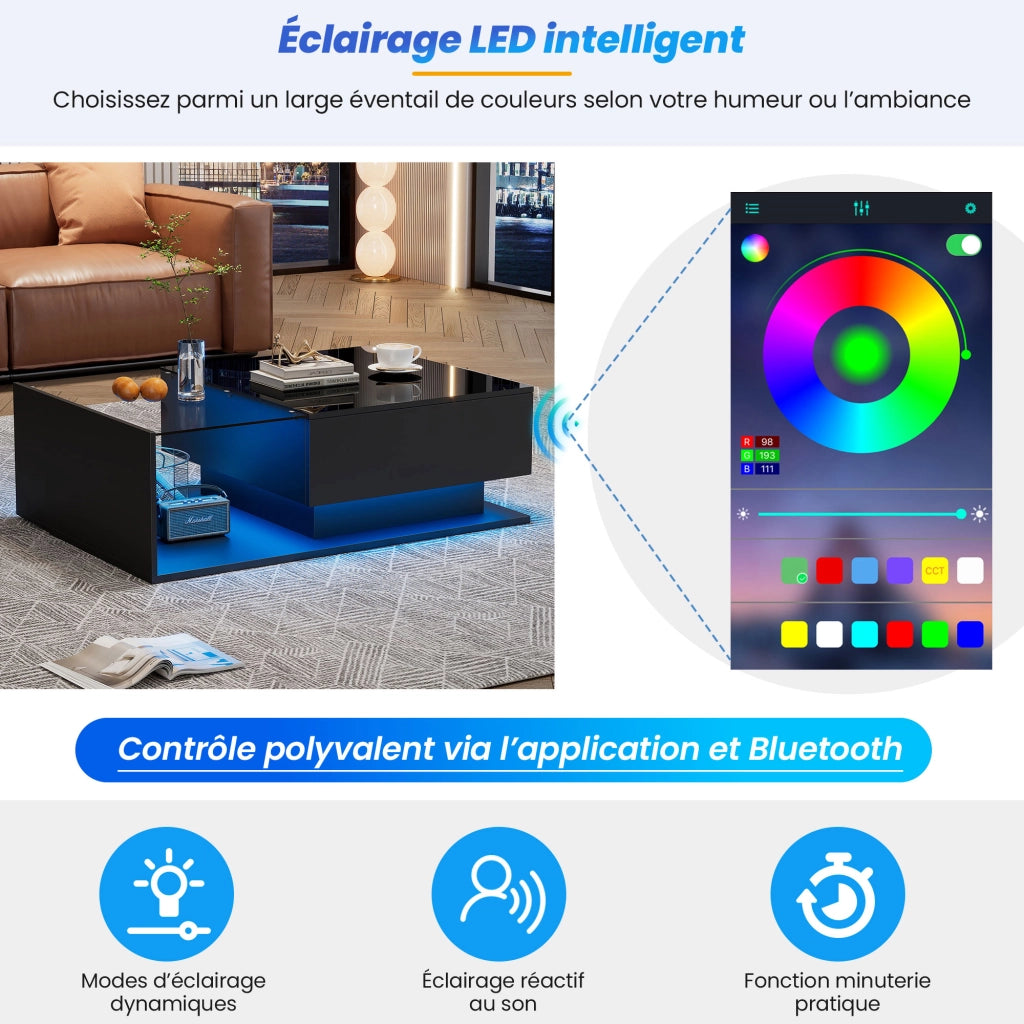 Tavolino da caffè con 1 Cassetto e LED tramite App; Piano in Vetro e Finitura Lucida; in Pannelli di Particelle; 100×50×32 cm; Nero