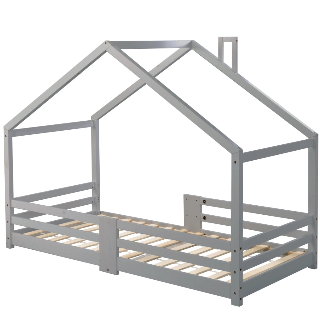 Letto Casetta Letto Singolo 90×200 cm con Sponde di Sicurezza e Tetto con Camino; senza Materasso; Grigio