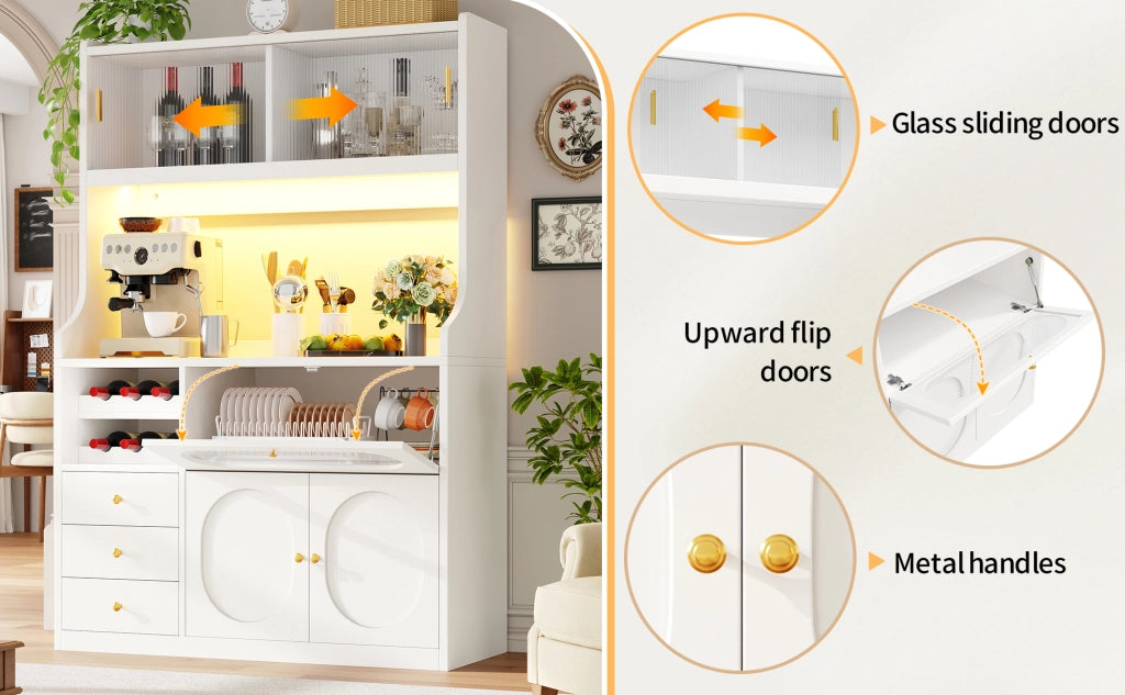 Credenza alta con vetrina, 3 cassetti e ripiani regolabili per cucina, bianco, 120 × 40 × 180 cm