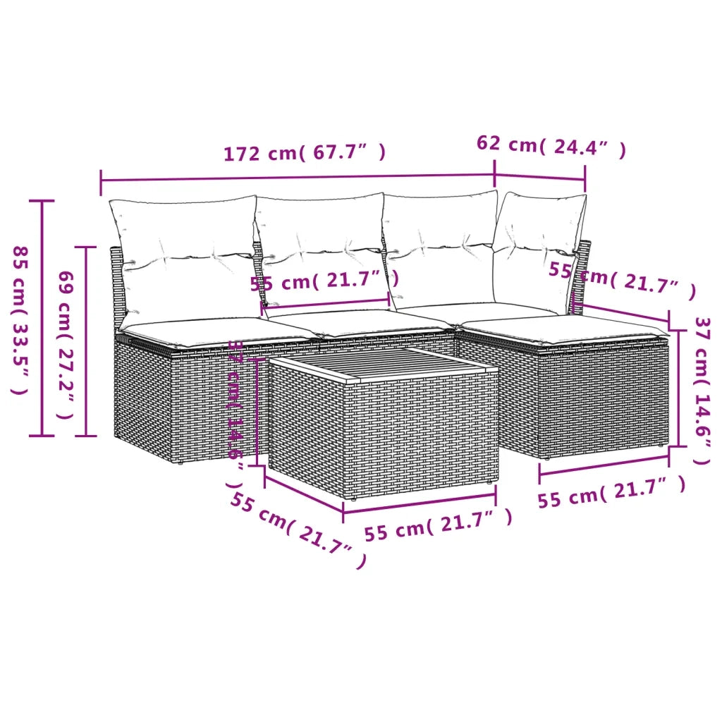 Set Divano da Giardino 5 pz con Cuscini Beige in Polyrattan