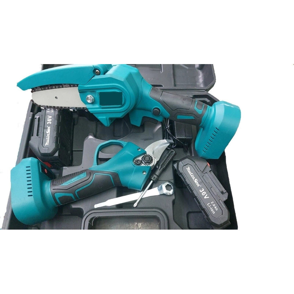 Trade Shop - Kit Potatura 2 In 1 Forbici Cesoia + Mini Motosega Elettrico A Batteria 36v -