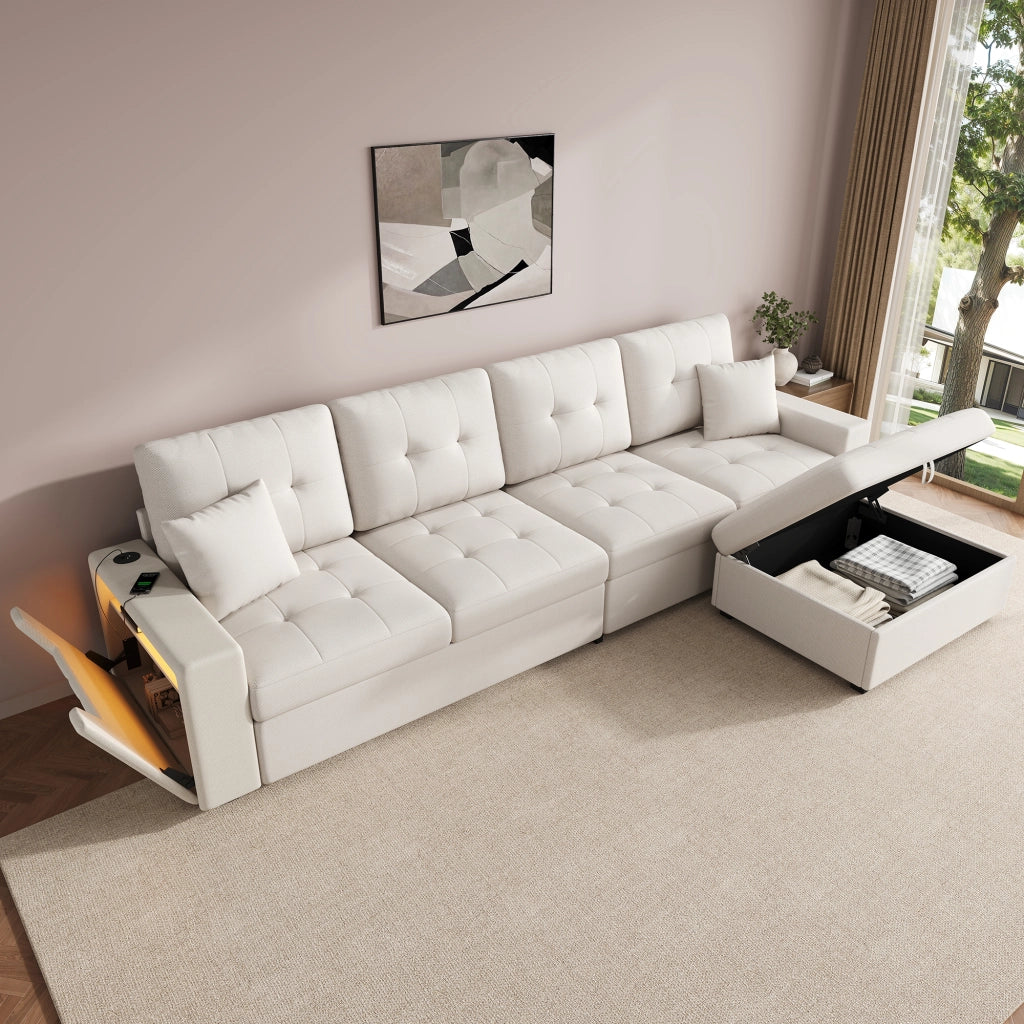 DIVANO angolare modulare 253 cm beige con pouf contenitore e USB Type-C