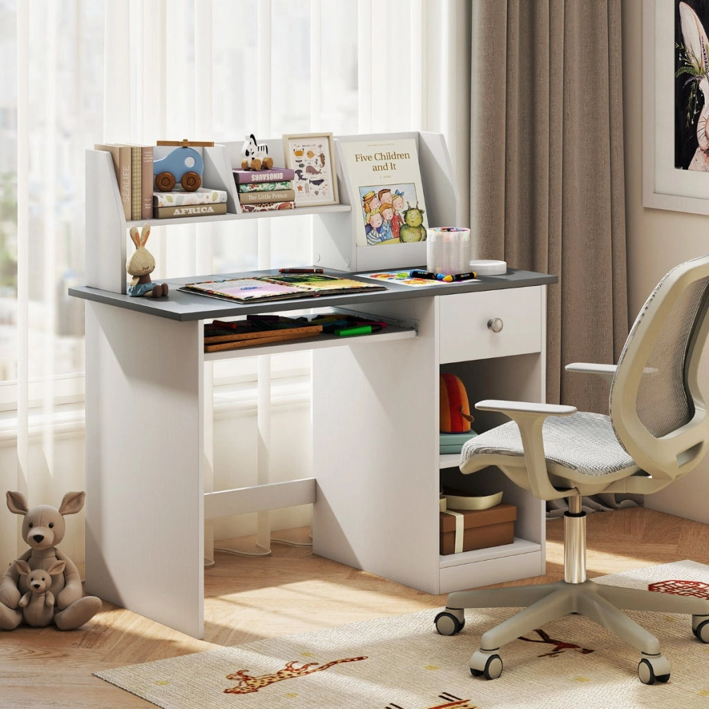 Scrivania per bambini legno con vassoio per tastiera e cassetto, Scrivania per bambini libreria laterale e mensole superiori Grigio-Tavoli e sedie