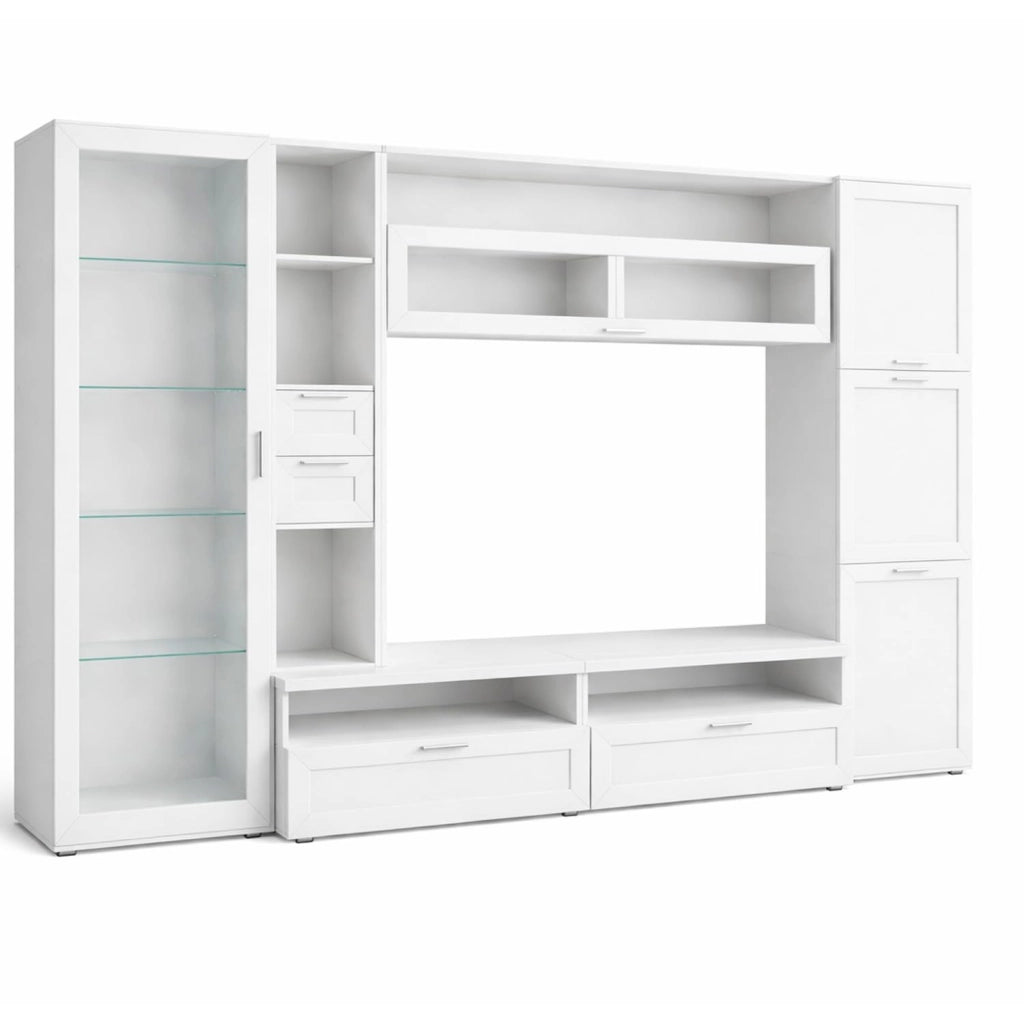 Parete Attrezzata Con Vetrina 6 Ante Battenti E 3 Ribalte Ampio Mobile Porta TV Con Ripiani Design Moderno Per Zona Living Elegante Minimal Funzionale 300 X 50 X 215 Cm Bianco