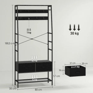 Appendiabiti da ingresso con scarpiera, ripiano superiore, 2 cassetti in tessuto, 8 ganci e struttura in metallo nero