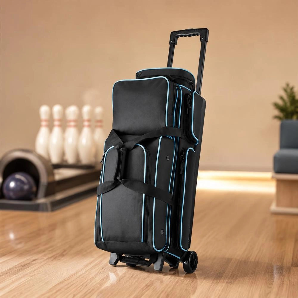 Bowling Ball Bag For 3 Balls With Double Wheels & Separate Compartment For Shoes (up To US Size 16) & Oversized Accessory Pocket, Retractable Handle Extends To 105 Cm. Black + Blue
